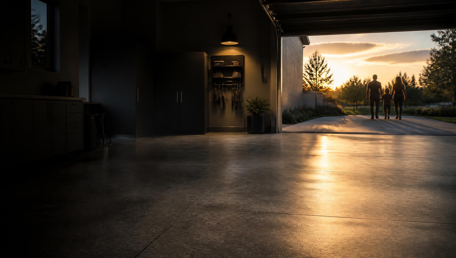 A finished glossy concrete garage being enjoyed naturally at the end of the day