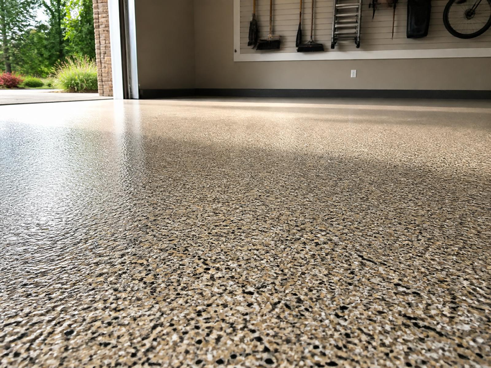 Close view of a decorative flake floor showing texture and depth
