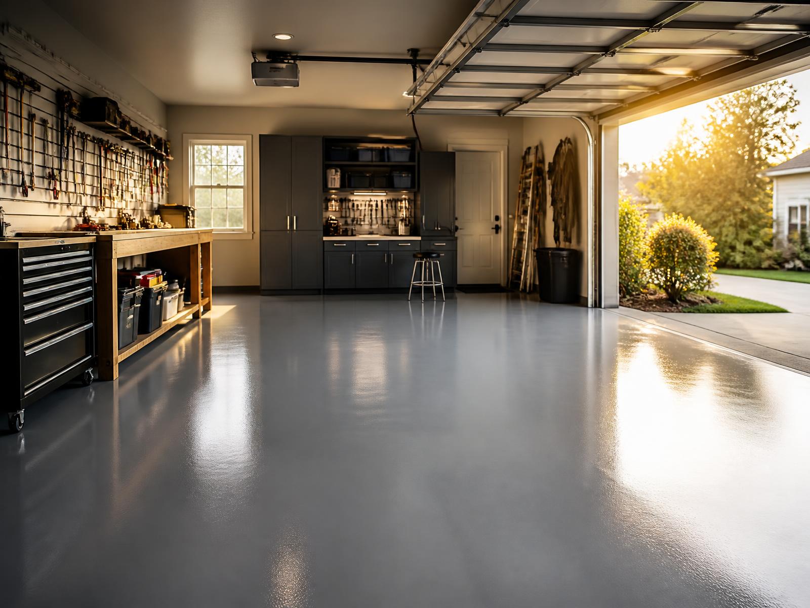 A finished residential garage with a smooth grey floor and warm afternoon light