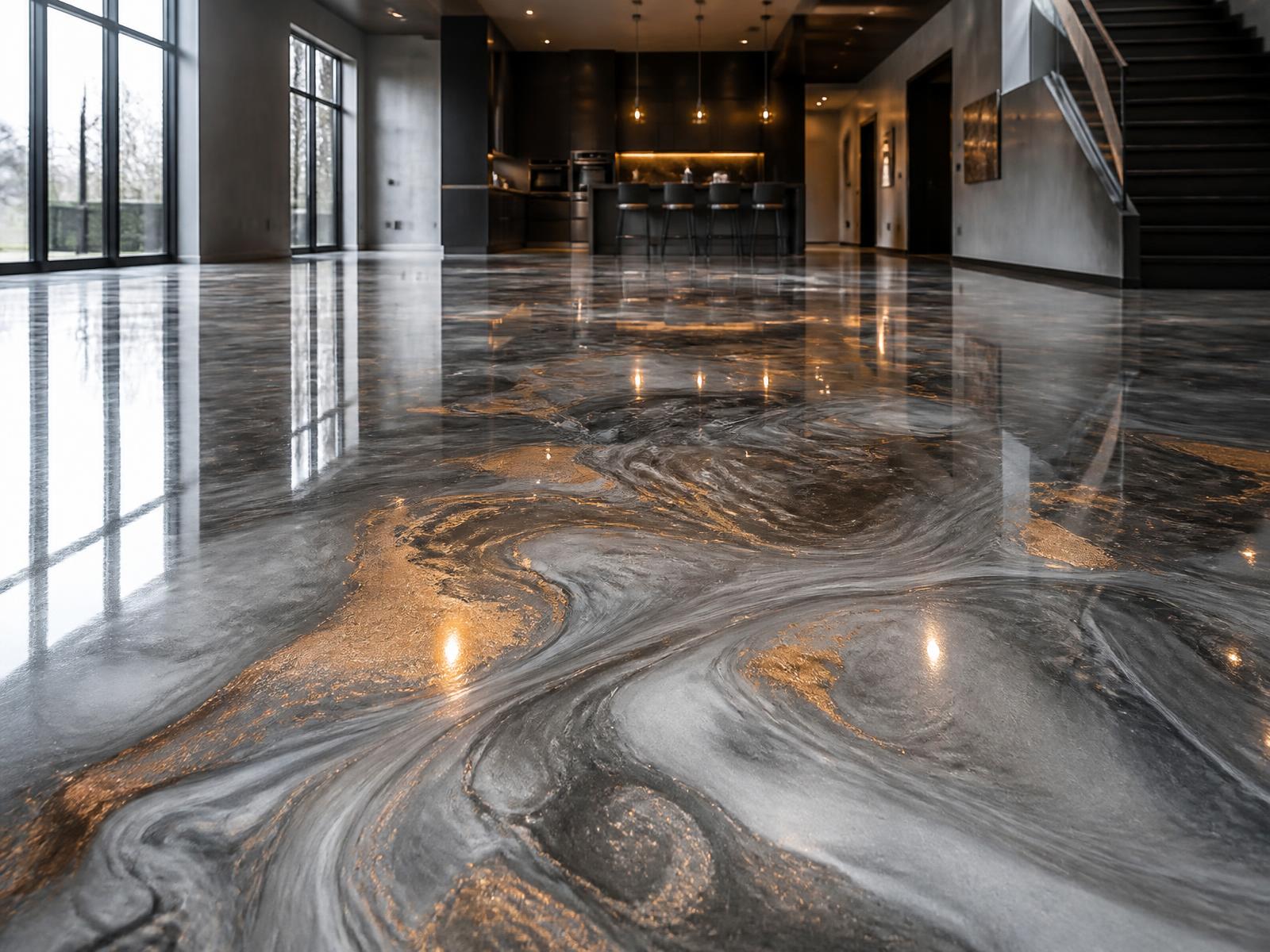 A metallic floor with swirling movement reflecting a modern interior
