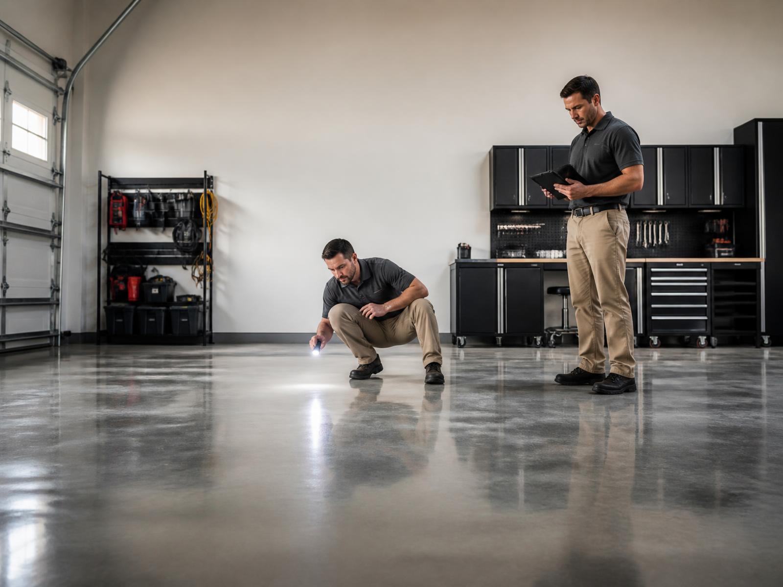 An installer showing a customer a finished concrete floor