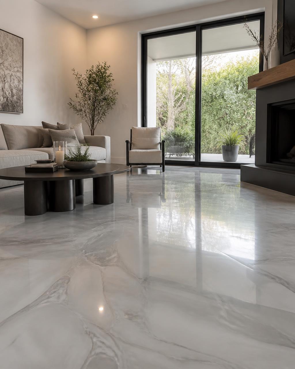 Contemporary living room finished with a decorative metallic resin floor