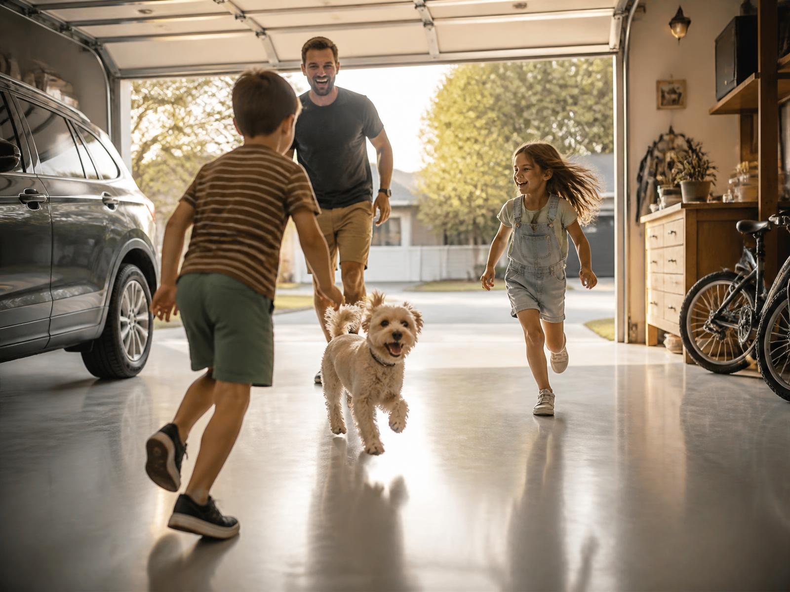 A family playing with their dog in a finished garage with a glossy concrete floor in warm afternoon light