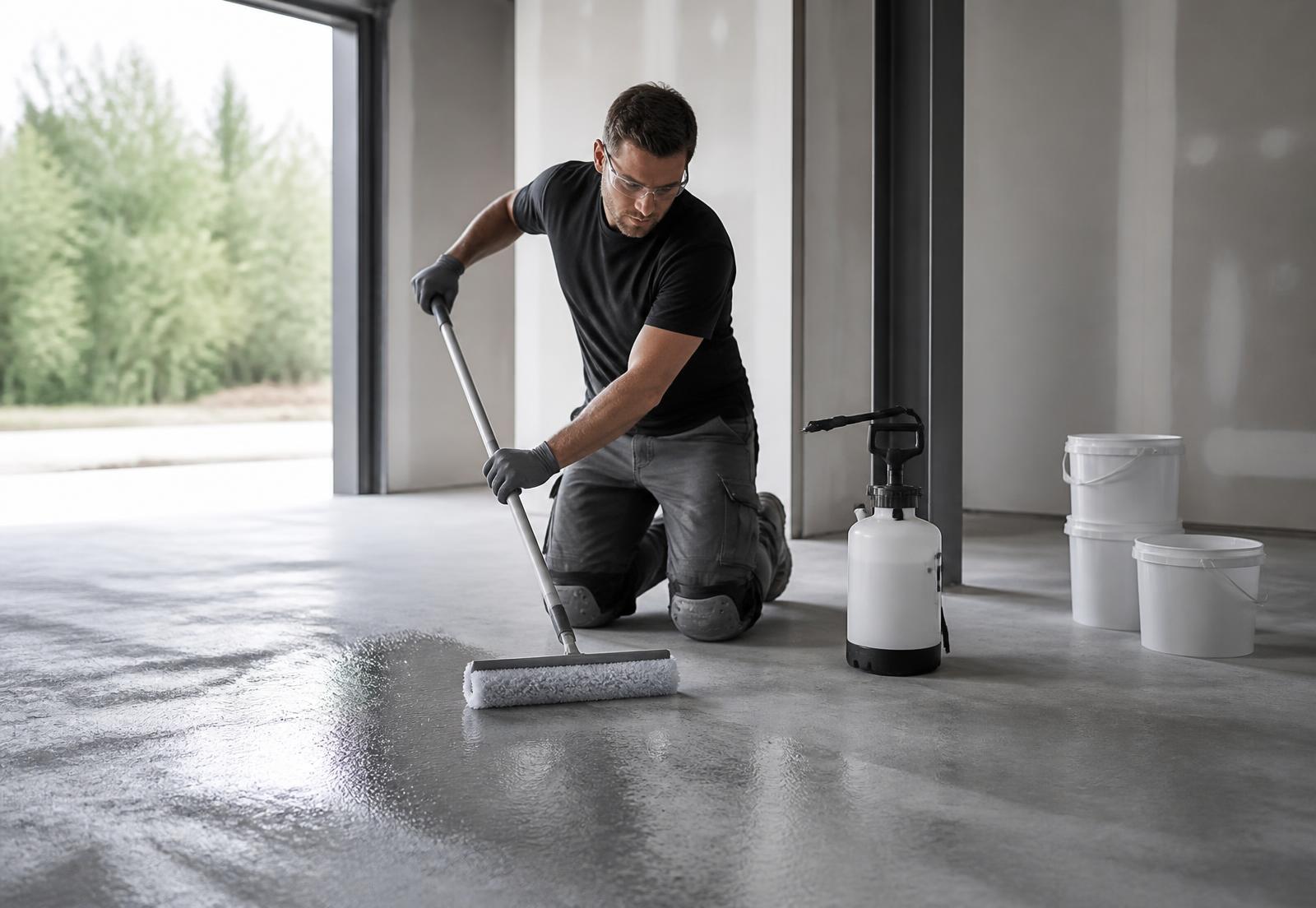 A professional installer inspecting the edge of a freshly finished concrete floor