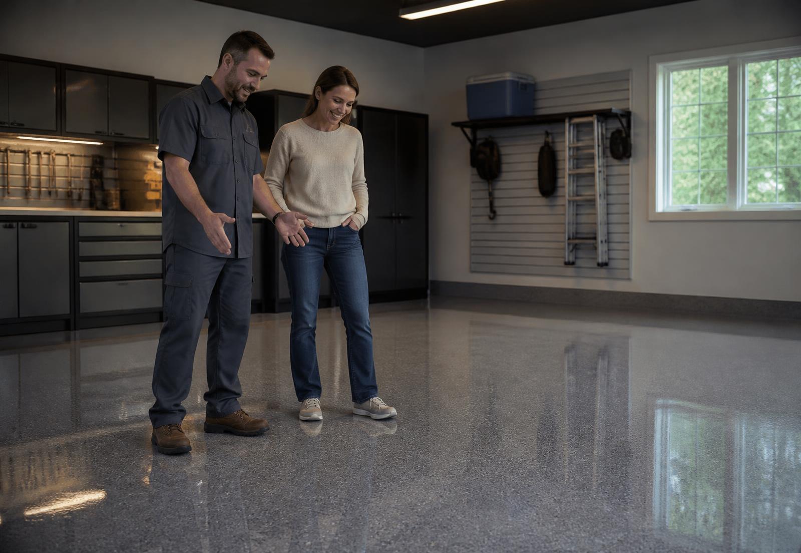 An installer and a homeowner looking at a finished, reflective concrete garage floor together