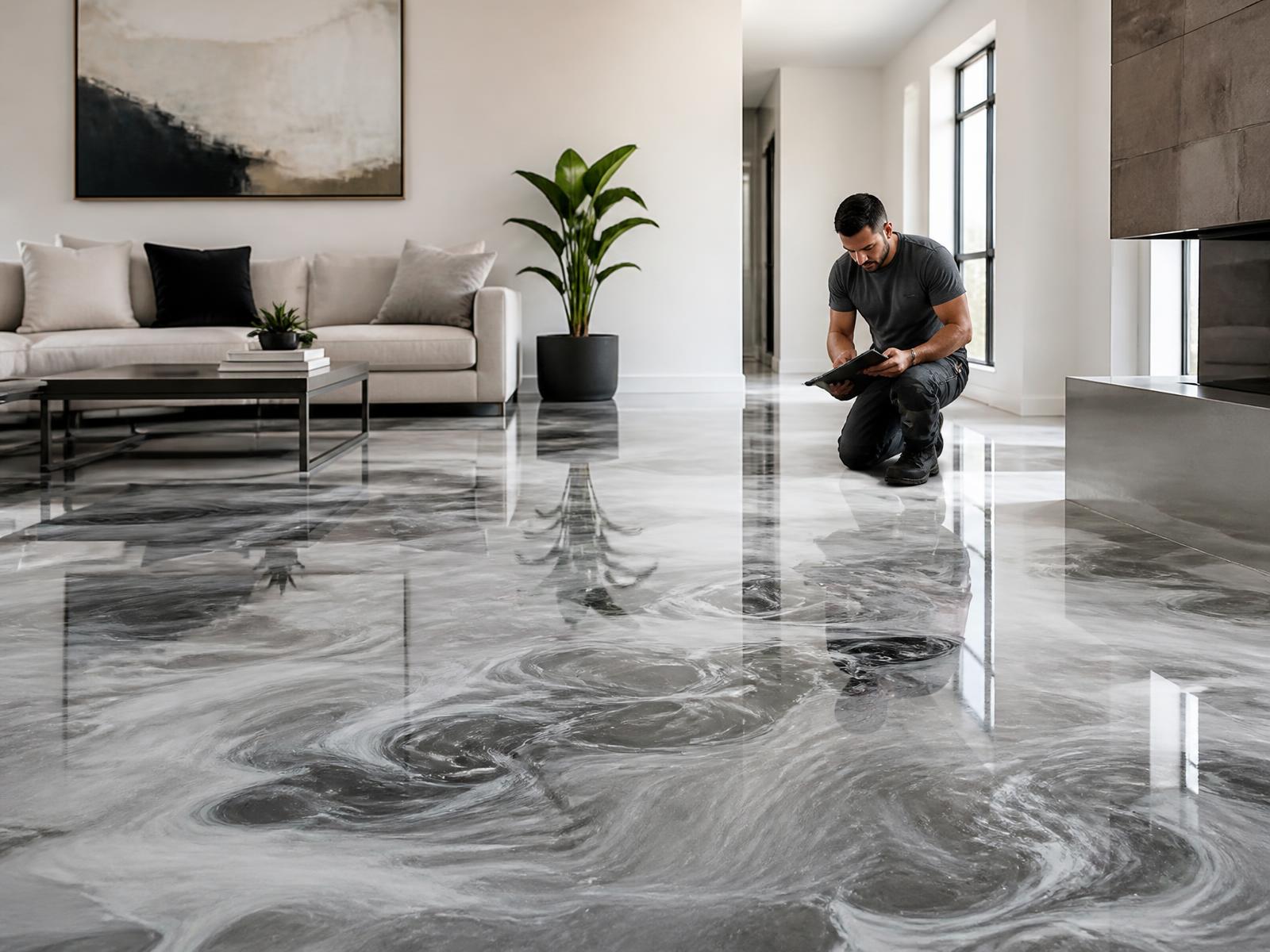 Installer inspecting a finished metallic resin floor inside a living room.