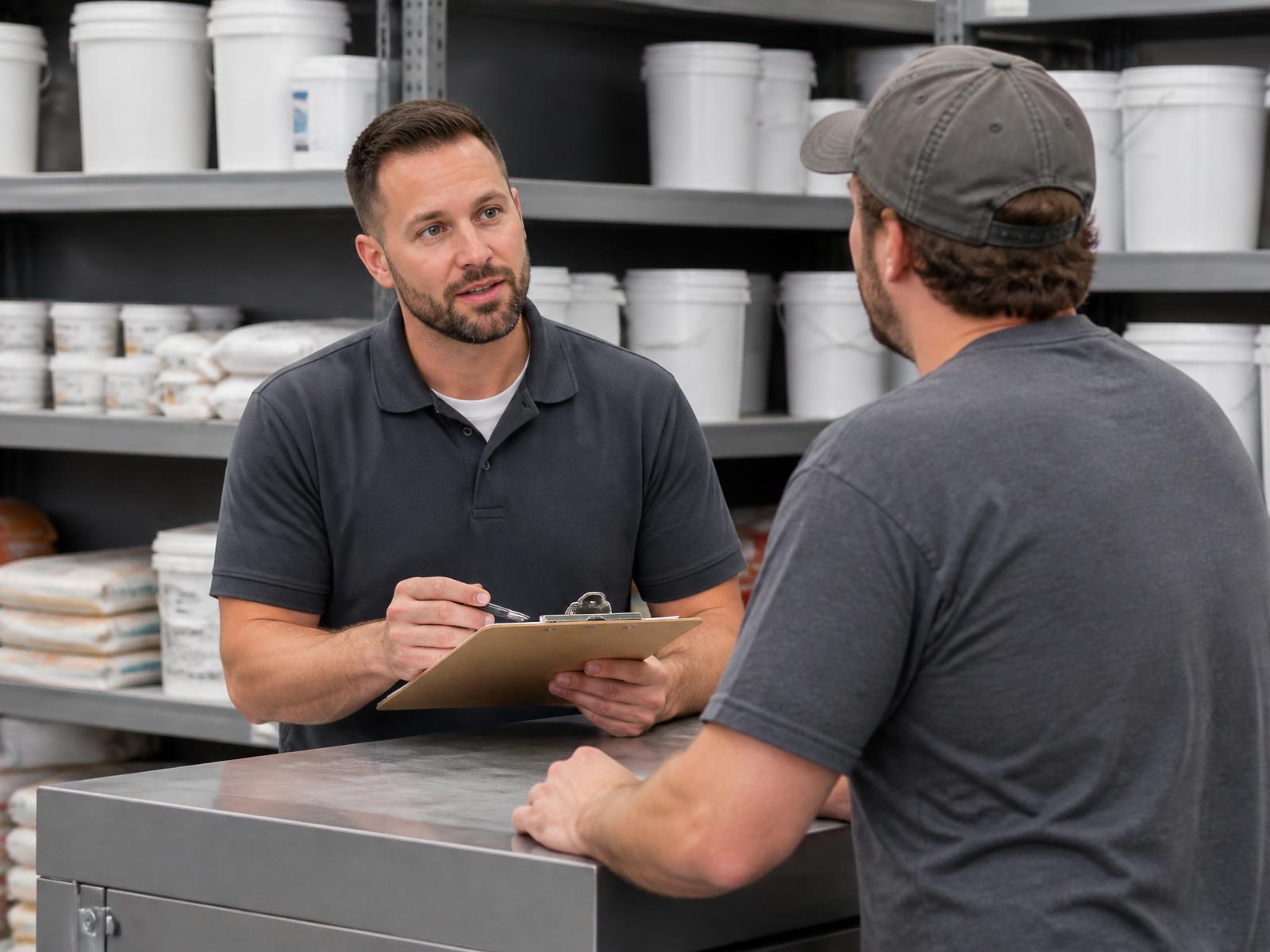 A wholesale representative assisting a contractor at a trade counter